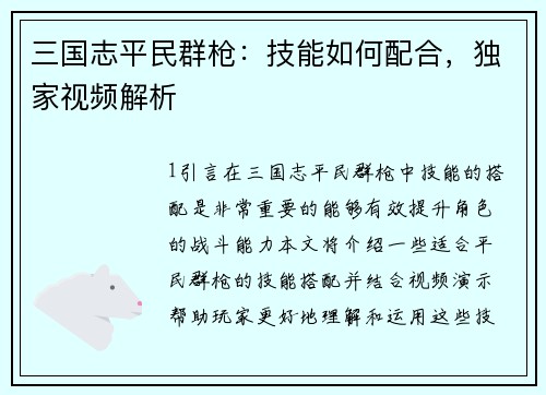 三国志平民群枪：技能如何配合，独家视频解析